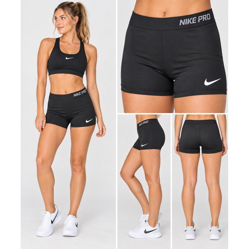 Nike Pro Women’s Black Compression Shorts Dri-FIT Gray Logo Waistband Small
